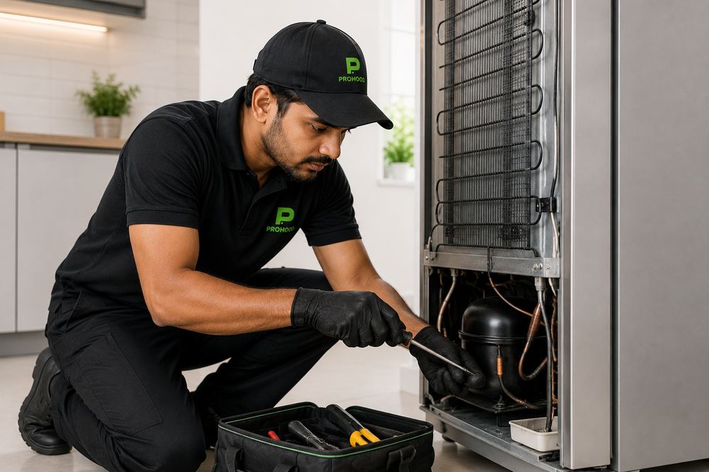 Prohood technician repairing a refrigerator compressor